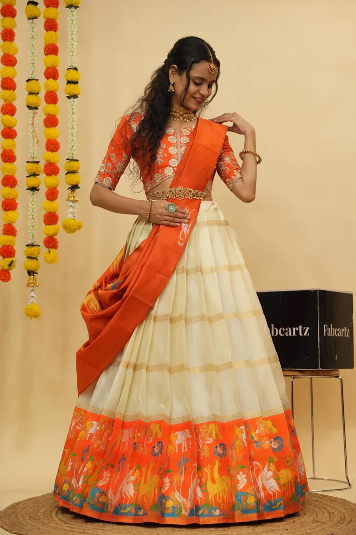 Women's Woven Design zari work Half Saree with Embroidered Blouse and Dupatta HiranPattu - Image 40