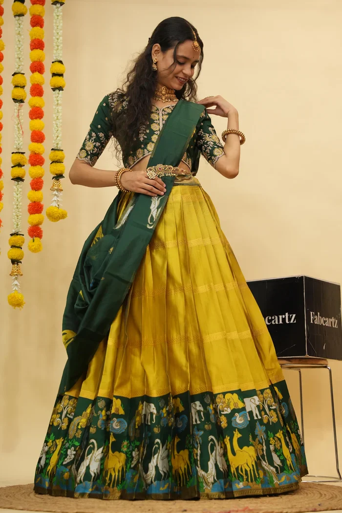 Women's Woven Design zari work Half Saree with Embroidered Blouse and Dupatta HiranPattu - Image 5