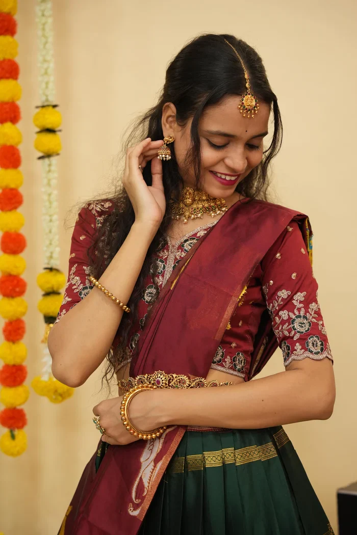 Women's Woven Design zari work Half Saree with Embroidered Blouse and Dupatta HiranPattu - Image 50