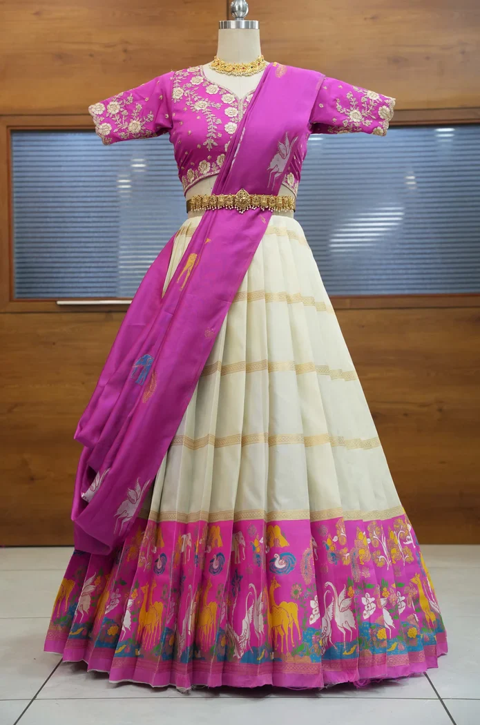 HiranPattu Women's Woven Design zari work Half Saree with Embroidered Blouse and Dupatta - Image 24