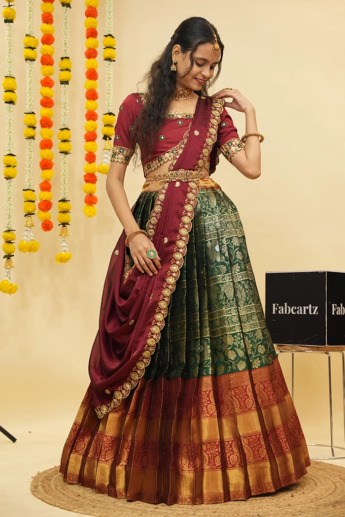 Women's Woven Design zari work Half Saree with Embroidered Blouse and Dupatta Jaya - Image 7