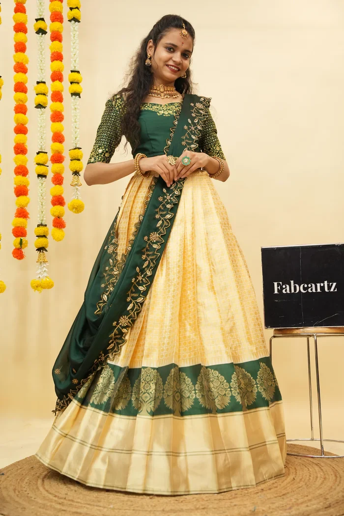 Women's Woven Design zari work Half Saree with Handwork Blouse and Dupatta KanchiRango