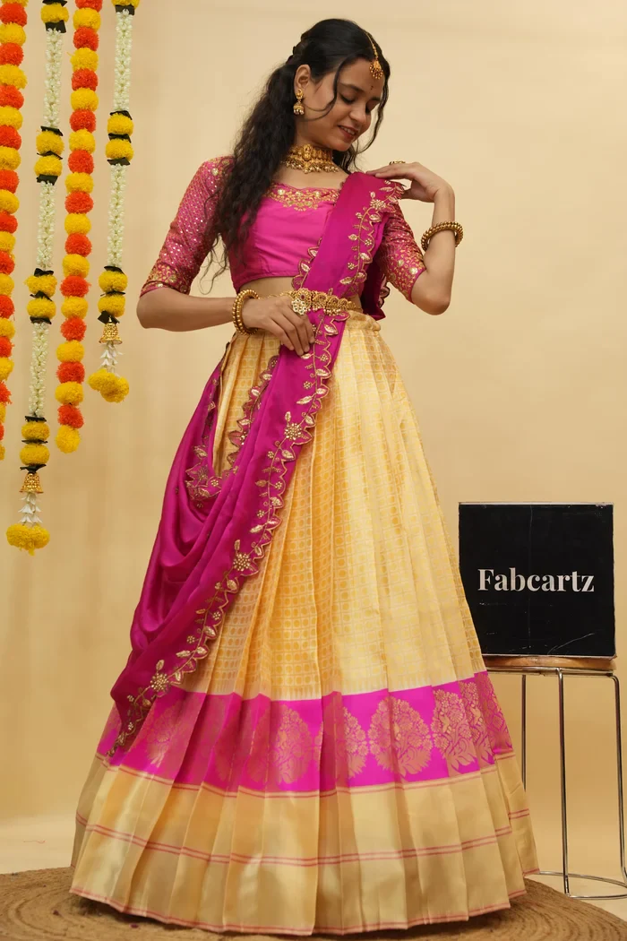 Women's Woven Design zari work Half Saree with Handwork Blouse and Dupatta KanchiRango - Image 28