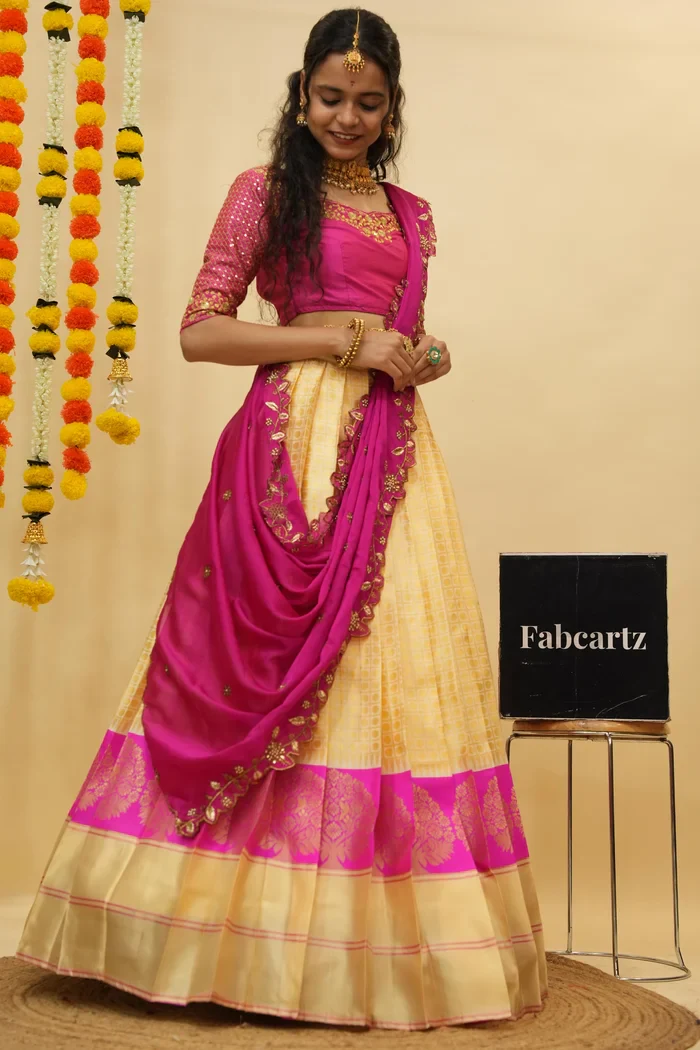 Women's Woven Design zari work Half Saree with Handwork Blouse and Dupatta KanchiRango - Image 29