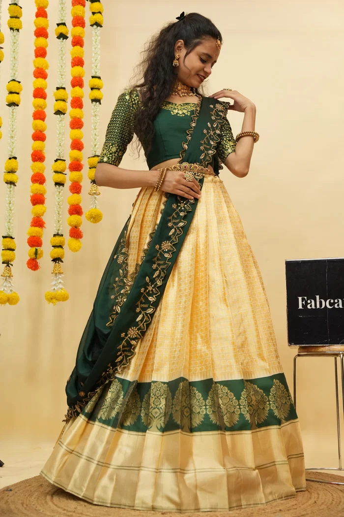Women's Woven Design zari work Half Saree with Handwork Blouse and Dupatta KanchiRango - Image 3