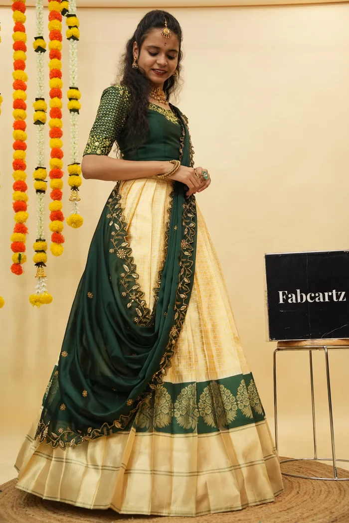 Women's Woven Design zari work Half Saree with Handwork Blouse and Dupatta KanchiRango - Image 4