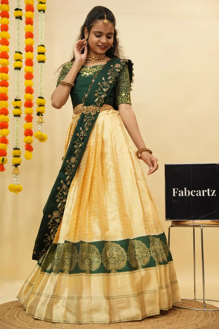 Women's Woven Design zari work Half Saree with Handwork Blouse and Dupatta KanchiRango - Image 5