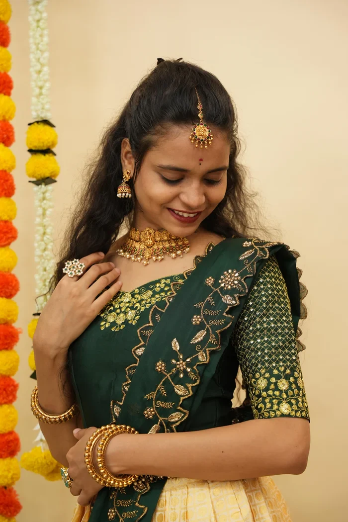 Women's Woven Design zari work Half Saree with Handwork Blouse and Dupatta KanchiRango - Image 6