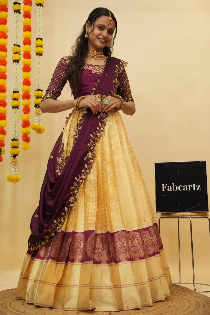 Women's Woven Design zari work Half Saree with Handwork Blouse and Dupatta KanchiRango - Image 9