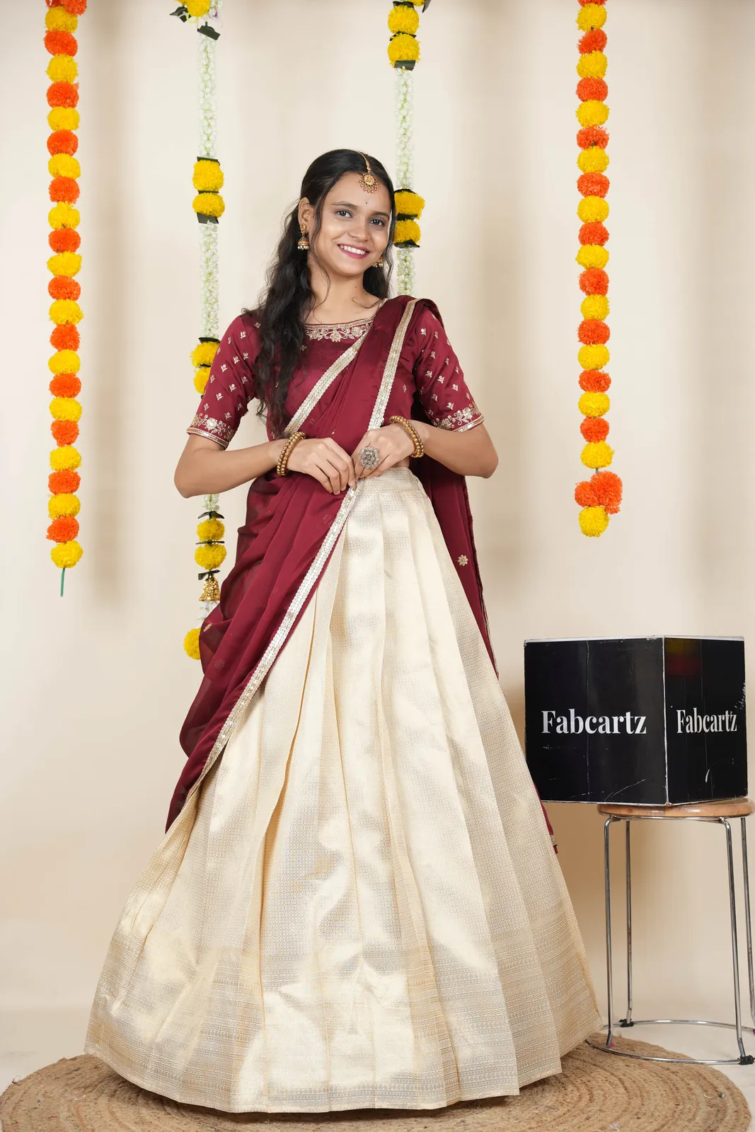 South Indian Festival Traditional Half Saree with Embroidered Blouse & Dupatta Kiara - Image 10