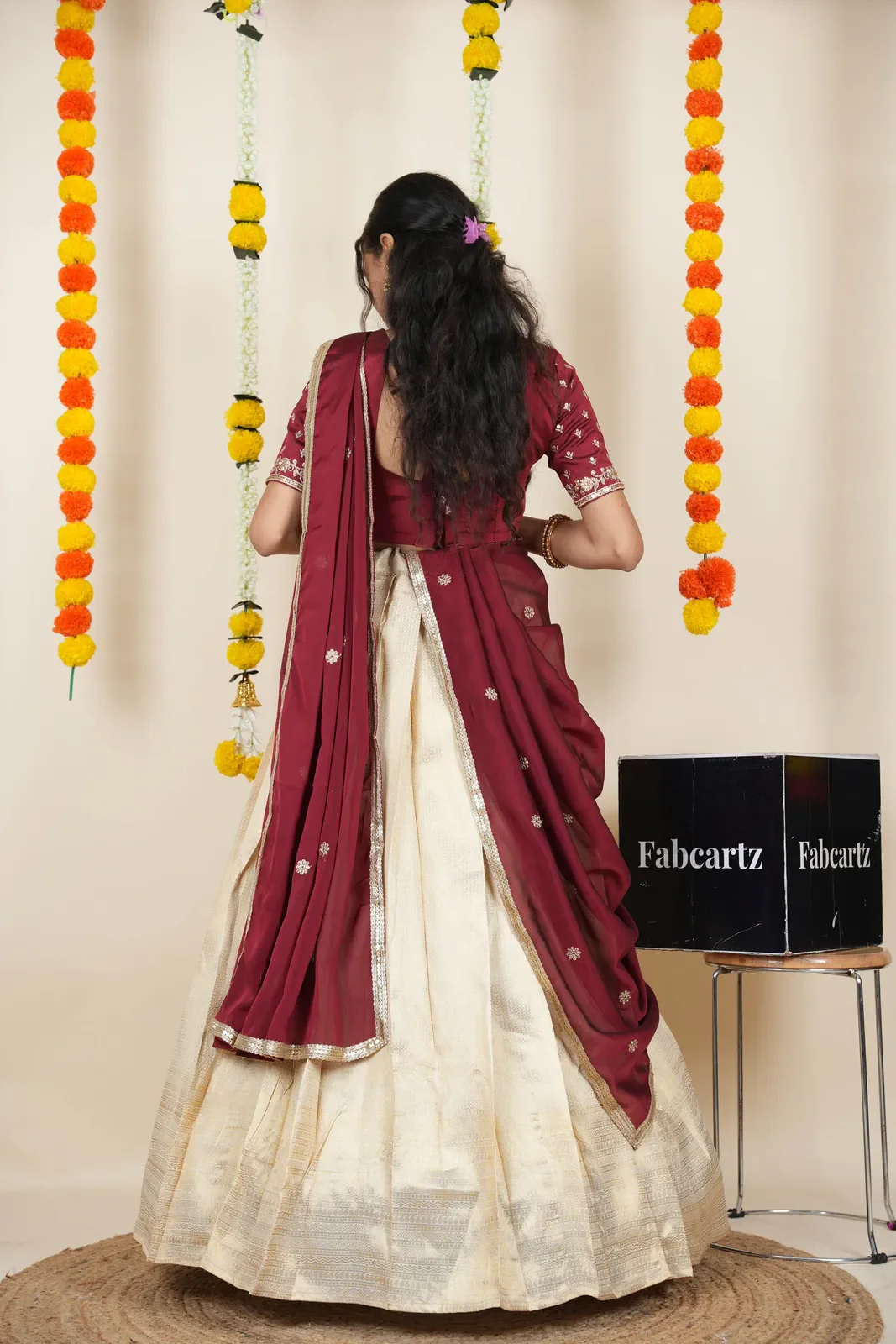 South Indian Festival Traditional Half Saree with Embroidered Blouse & Dupatta Kiara - Image 11