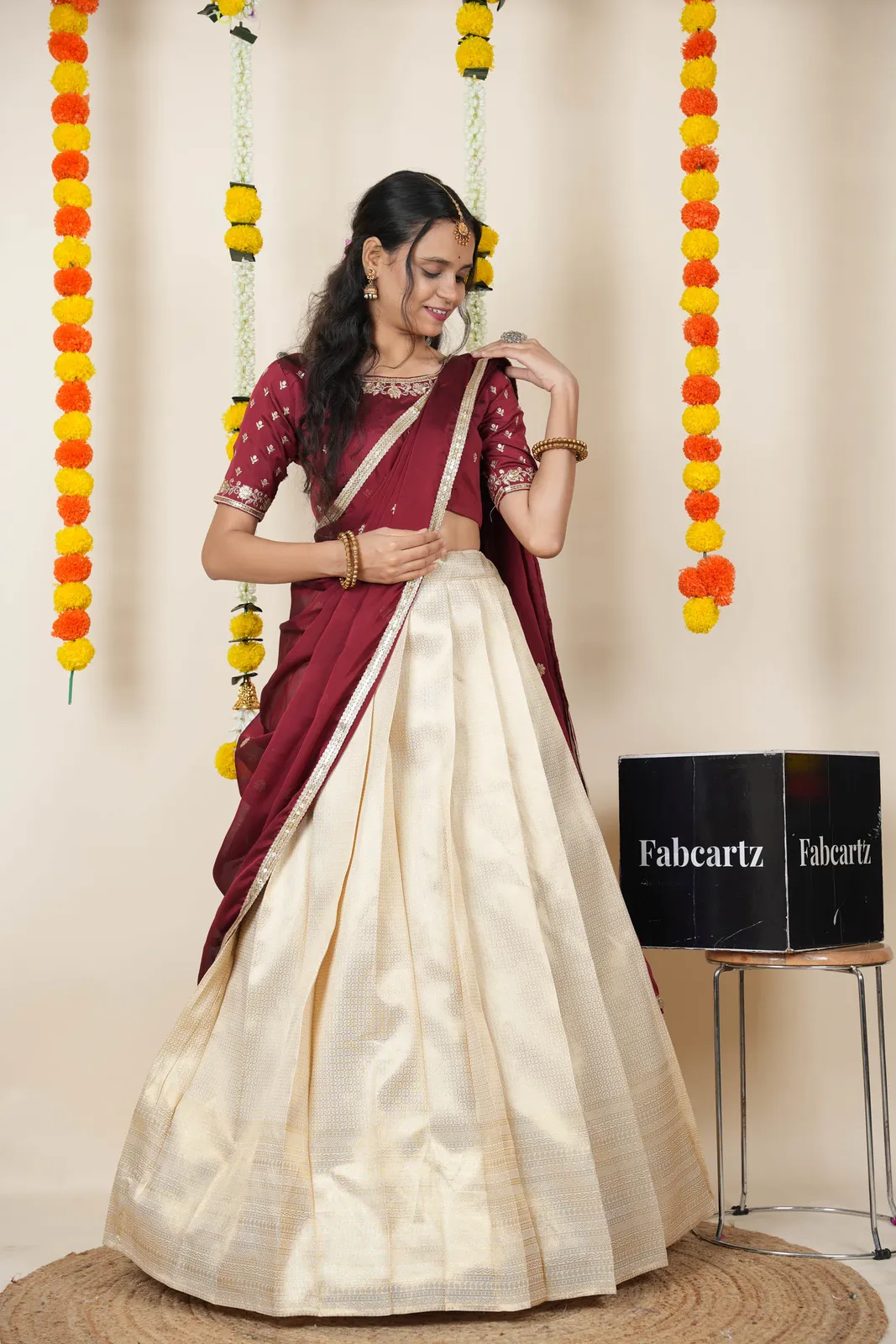 South Indian Festival Traditional Half Saree with Embroidered Blouse & Dupatta Kiara - Image 12