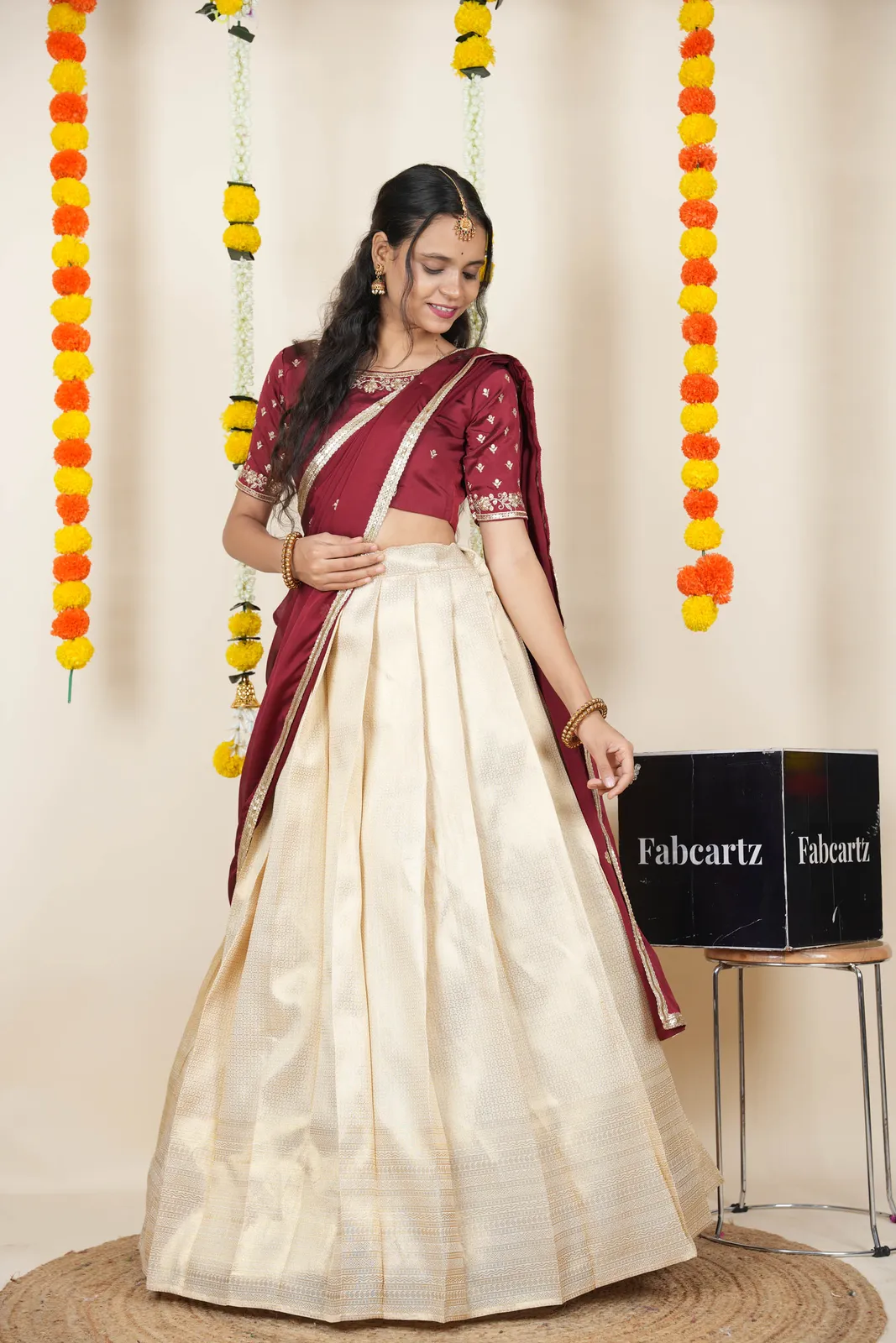 South Indian Festival Traditional Half Saree with Embroidered Blouse & Dupatta Kiara - Image 13
