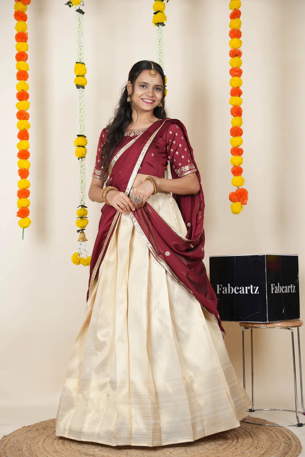 South Indian Festival Traditional Half Saree with Embroidered Blouse & Dupatta Kiara - Image 14