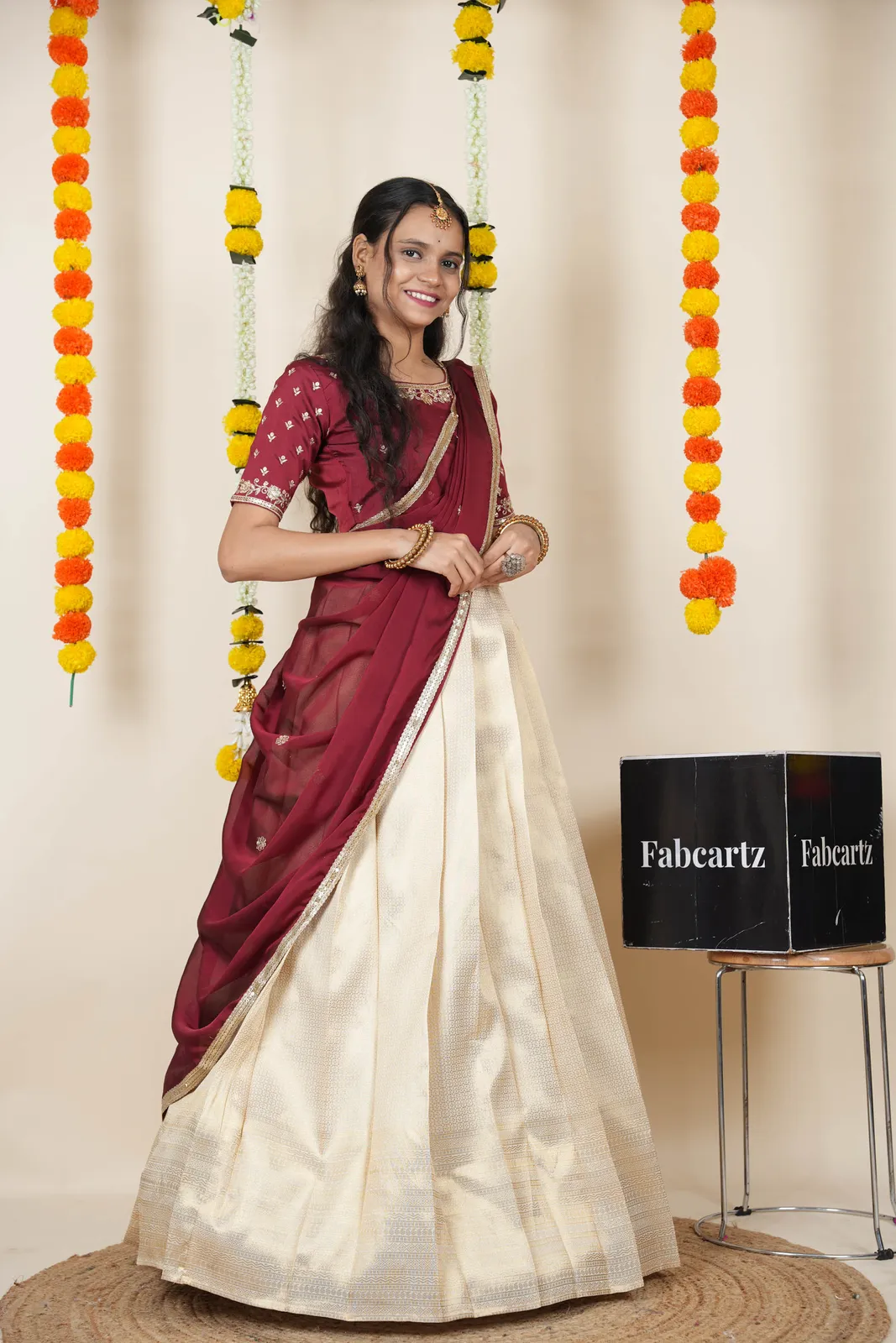 South Indian Festival Traditional Half Saree with Embroidered Blouse & Dupatta Kiara - Image 15