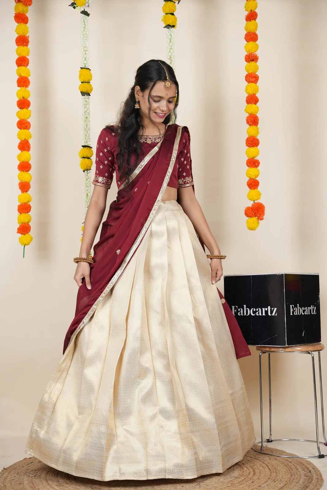 South Indian Festival Traditional Half Saree with Embroidered Blouse & Dupatta Kiara - Image 16