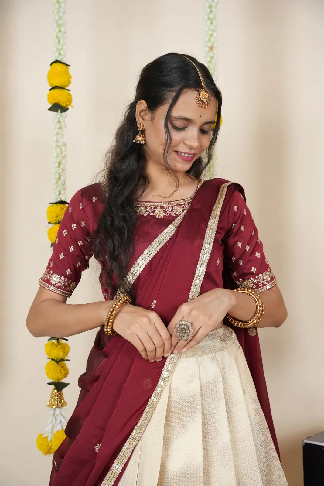 South Indian Festival Traditional Half Saree with Embroidered Blouse & Dupatta Kiara - Image 17