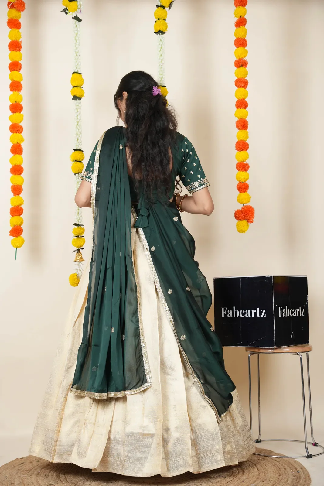 South Indian Festival Traditional Half Saree with Embroidered Blouse & Dupatta Kiara - Image 2