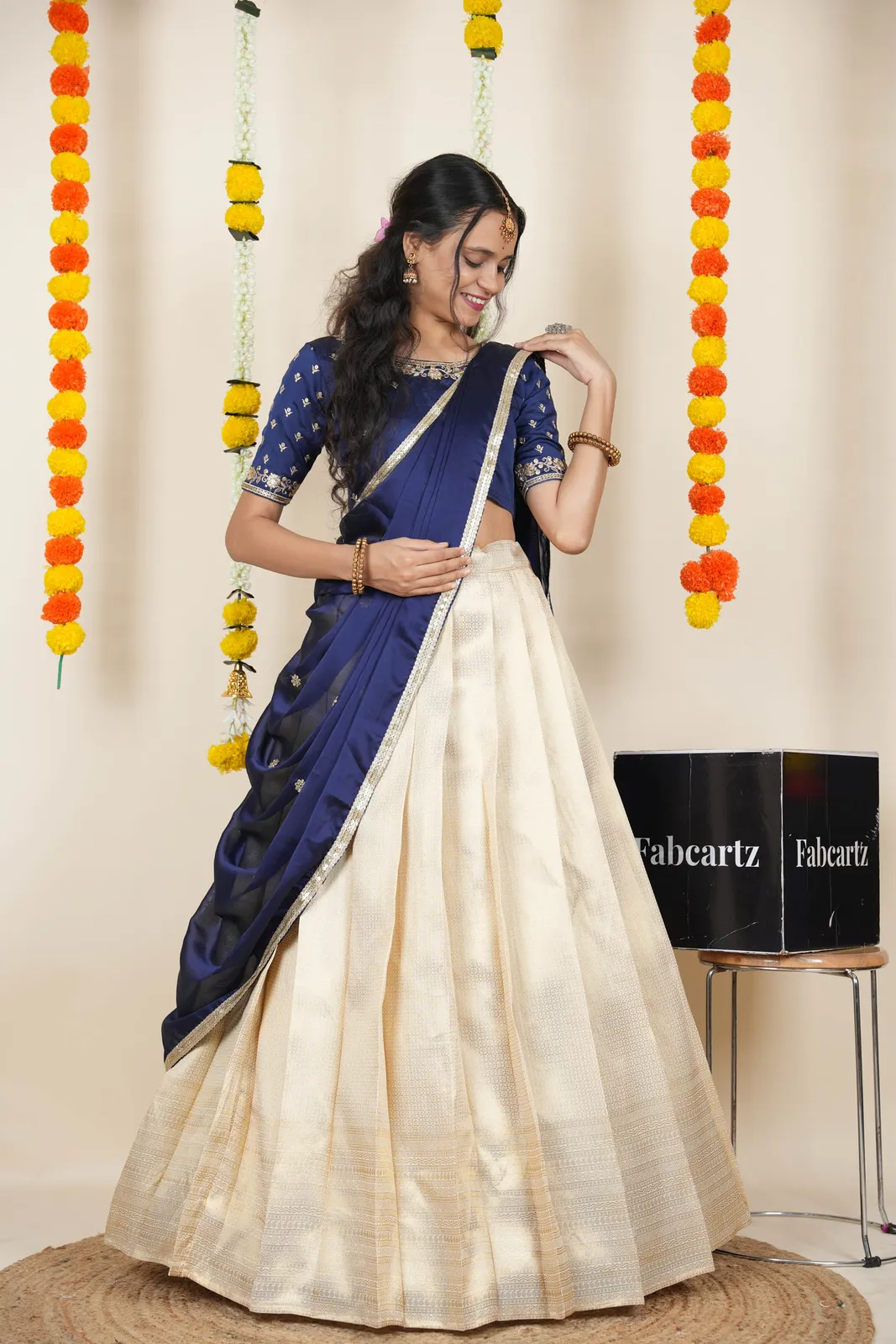 South Indian Festival Traditional Half Saree with Embroidered Blouse & Dupatta Kiara - Image 21