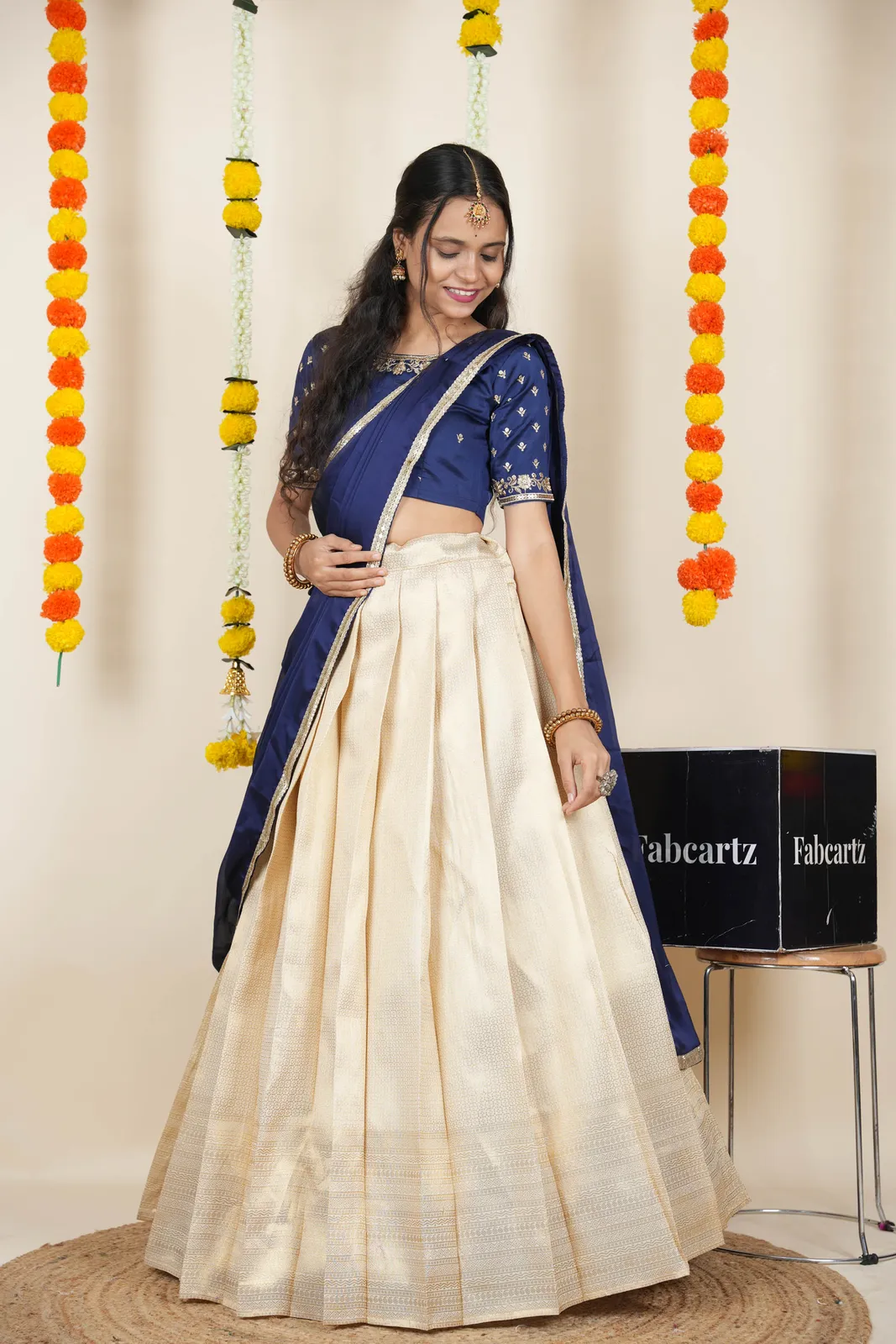 South Indian Festival Traditional Half Saree with Embroidered Blouse & Dupatta Kiara - Image 22
