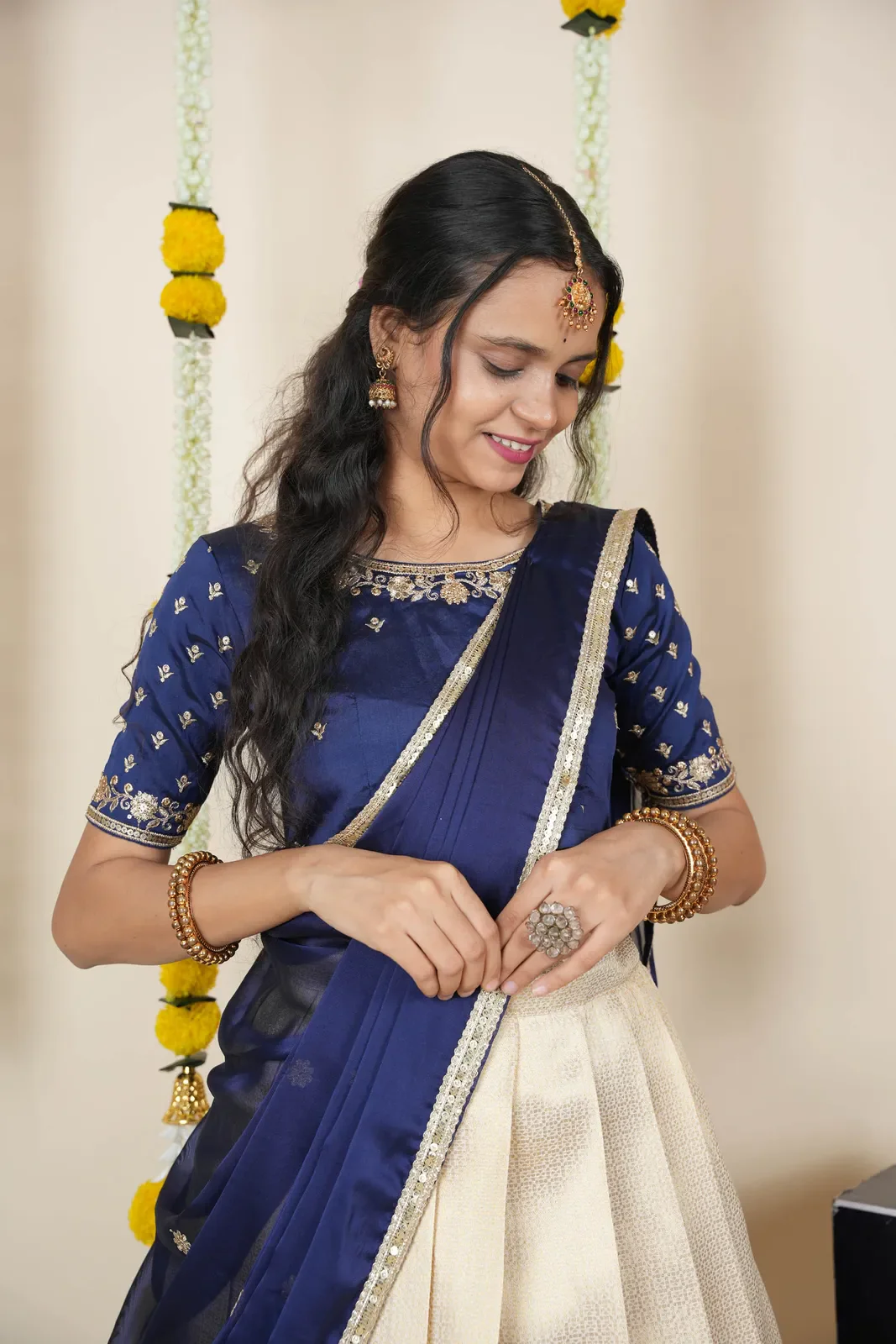 South Indian Festival Traditional Half Saree with Embroidered Blouse & Dupatta Kiara - Image 26
