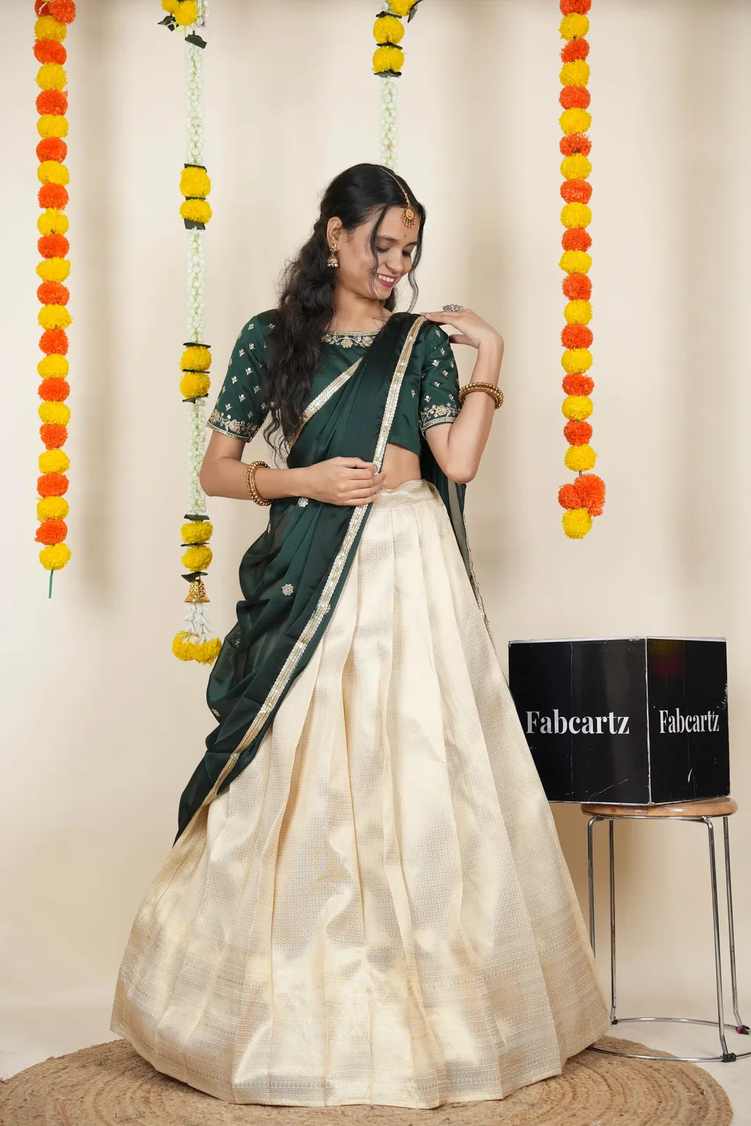 South Indian Festival Traditional Half Saree with Embroidered Blouse & Dupatta Kiara - Image 3