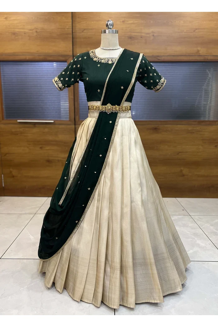 Women's Softy Silk zari work Half Saree with Embroidered Blouse and Dupatta Kiara