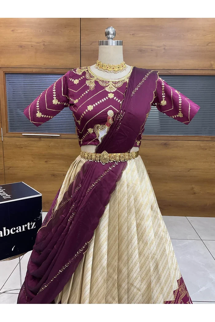 Women's Woven Design zari work Half Saree with Embroidered Blouse and Dupatta Vanya - Image 9