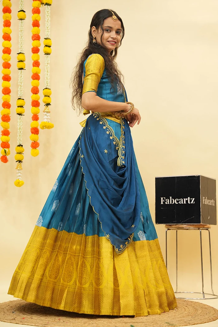 Women's Woven Design zari work Half Saree with Embroidered Blouse and Dupatta Mamidi - Image 14