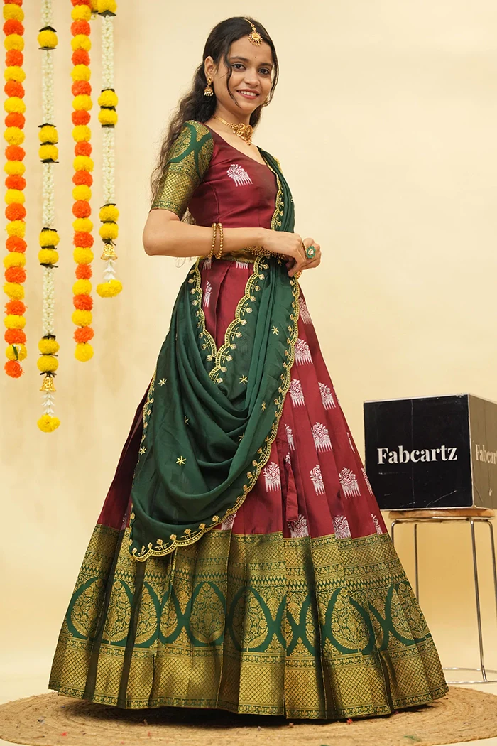 Women's Woven Design zari work Half Saree with Embroidered Blouse and Dupatta Mamidi - Image 22