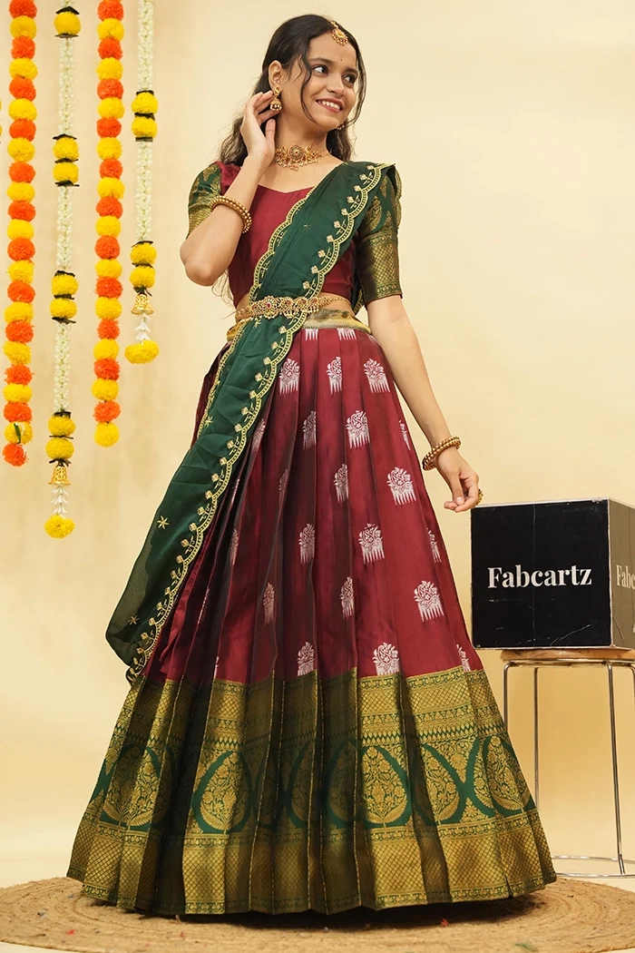 Women's Woven Design zari work Half Saree with Embroidered Blouse and Dupatta Mamidi - Image 23