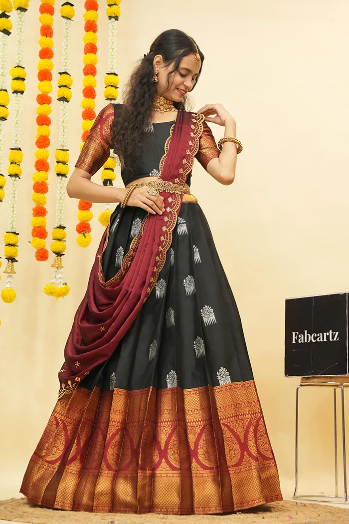 Women's Woven Design zari work Half Saree with Embroidered Blouse and Dupatta Mamidi - Image 3