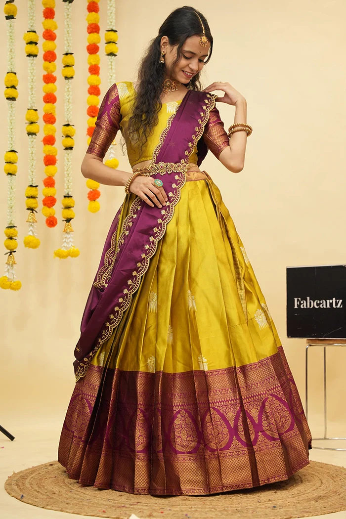 Women's Woven Design zari work Half Saree with Embroidered Blouse and Dupatta Mamidi - Image 38