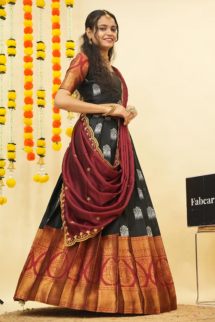 Women's Woven Design zari work Half Saree with Embroidered Blouse and Dupatta Mamidi - Image 4