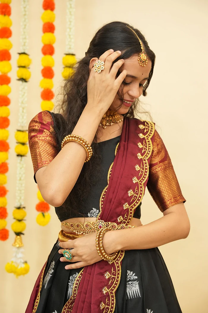 Women's Woven Design zari work Half Saree with Embroidered Blouse and Dupatta Mamidi - Image 8