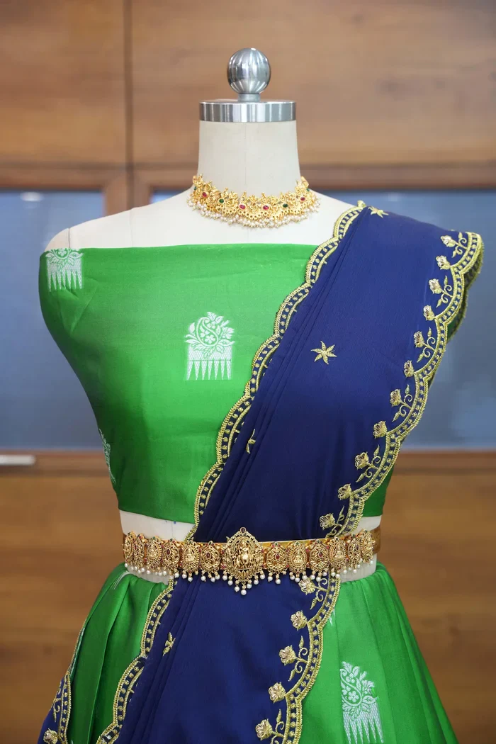 Women's Woven Design zari work Half Saree with Embroidered Blouse and Dupatta Mamidi - Image 15