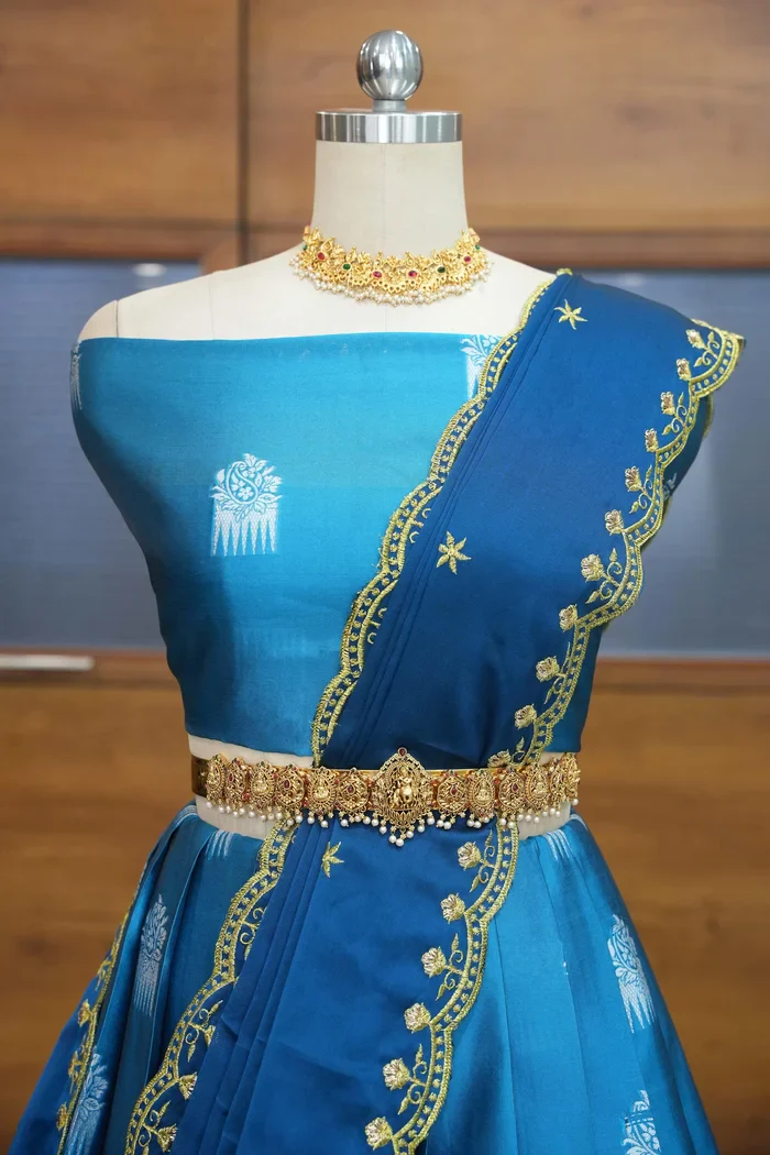 Women's Woven Design zari work Half Saree with Embroidered Blouse and Dupatta Mamidi - Image 7
