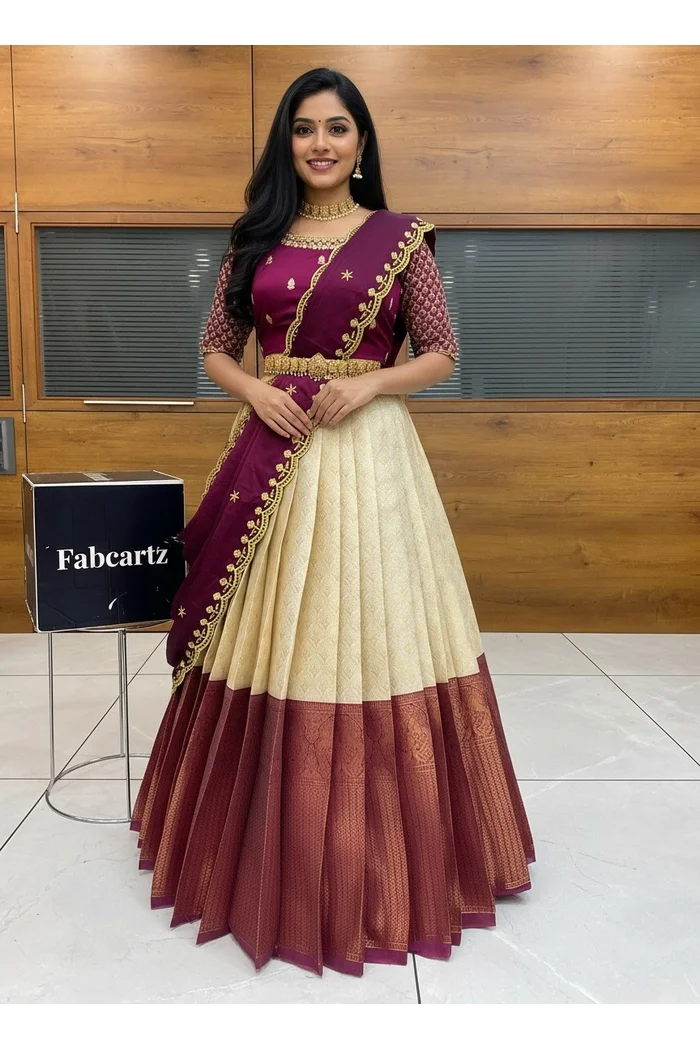 Women's Woven Design zari work Half Saree with Embroidered Blouse and Dupatta Munjyaa - Image 33