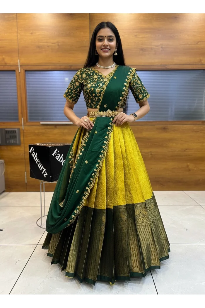 Women's Woven Design zari work Half Saree with Embroidered Blouse and Dupatta Munjyaa - Image 48