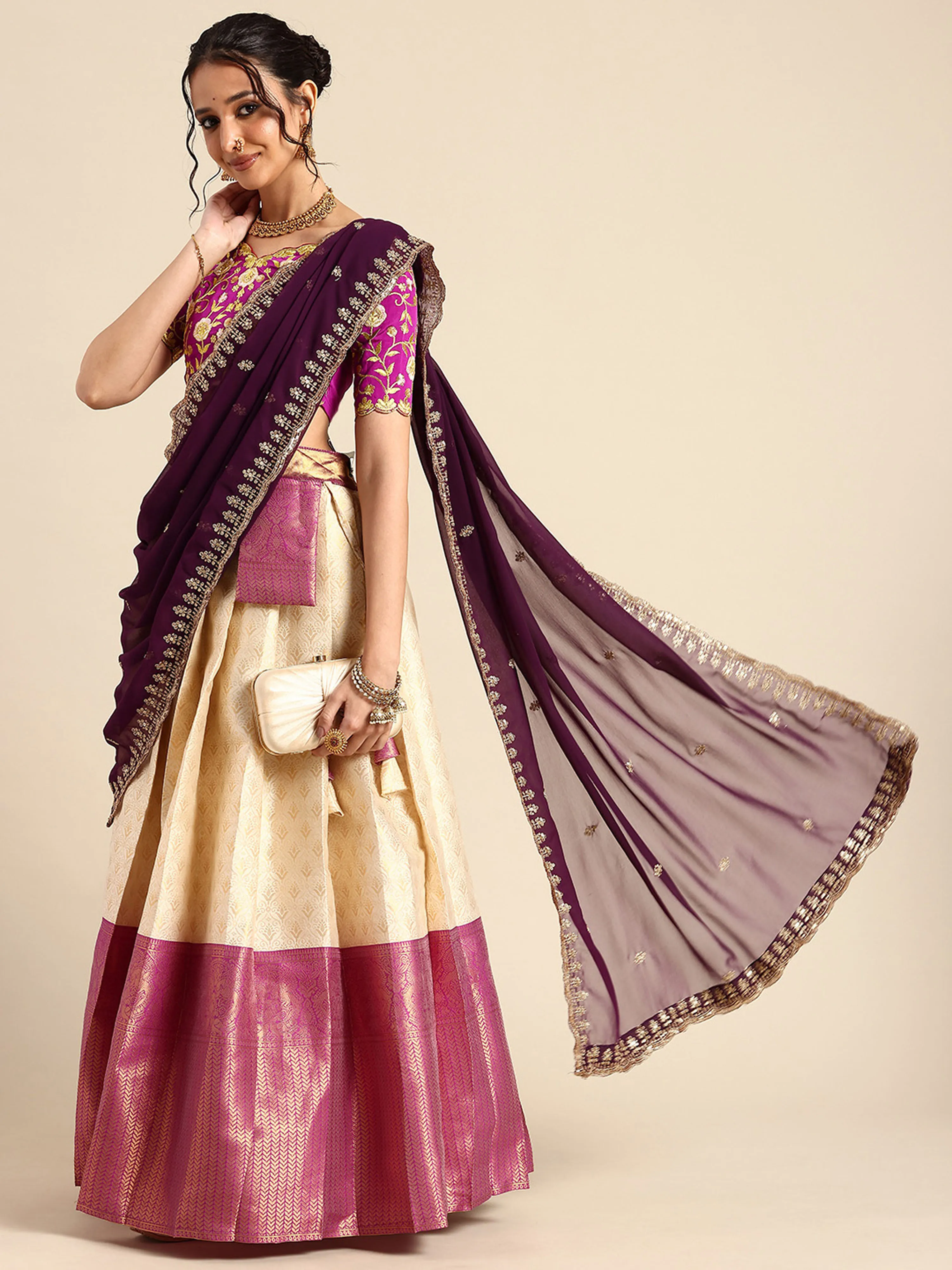 Women's Woven Design zari work Half Saree with Embroidered Blouse and Dupatta Munjya - Image 22