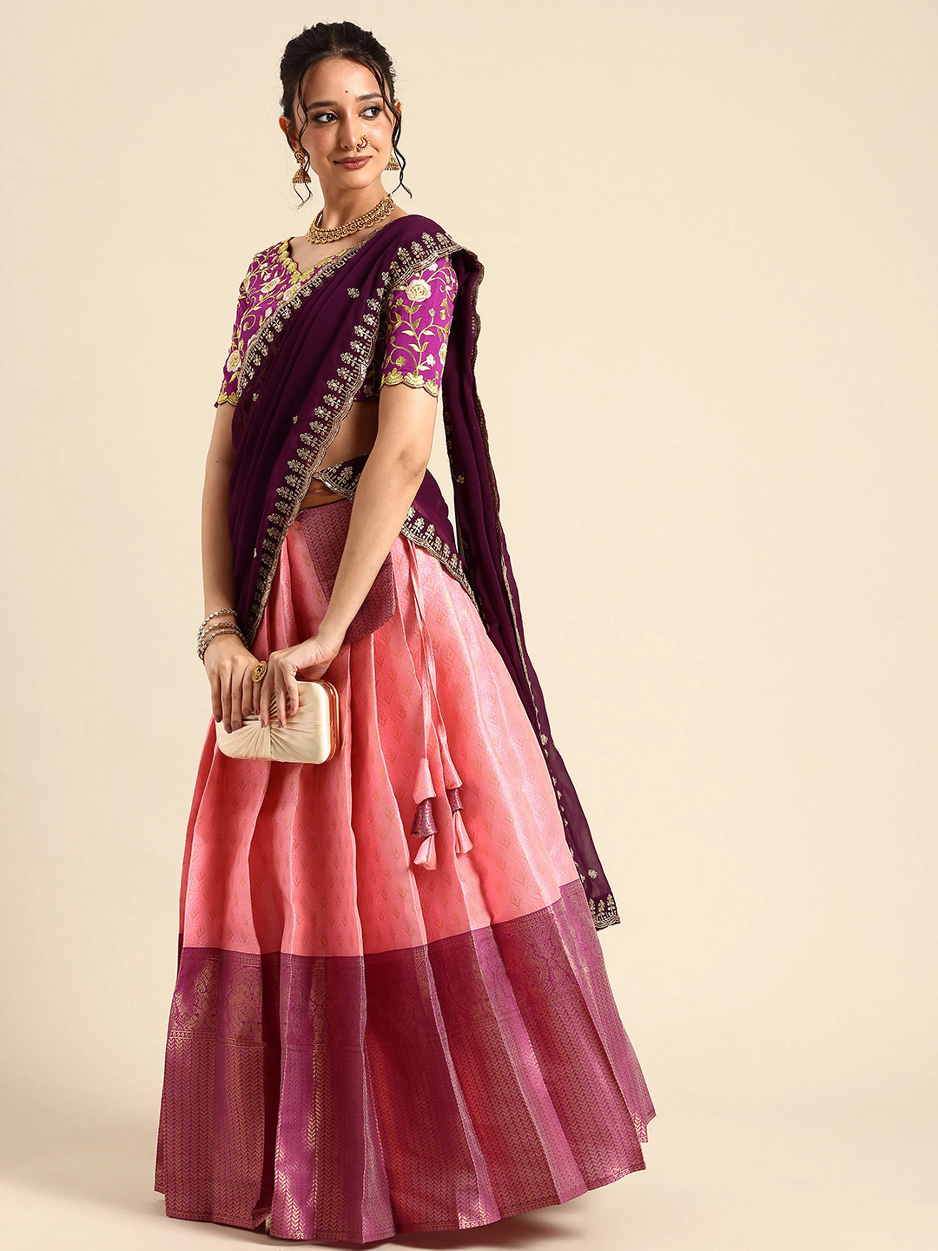Women's Woven Design zari work Half Saree with Embroidered Blouse and Dupatta Munjya - Image 3