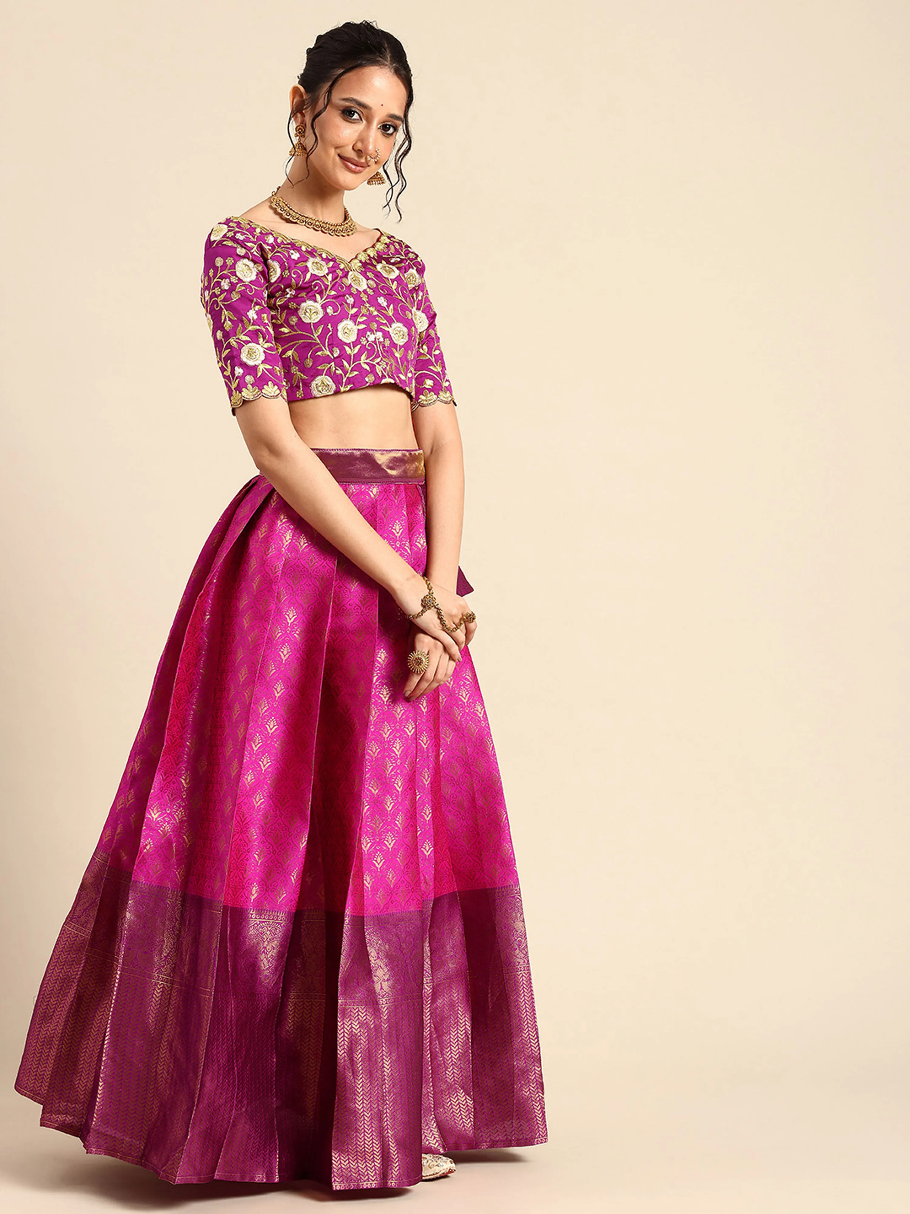 Women's Woven Design zari work Half Saree with Embroidered Blouse and Dupatta Munjya - Image 60