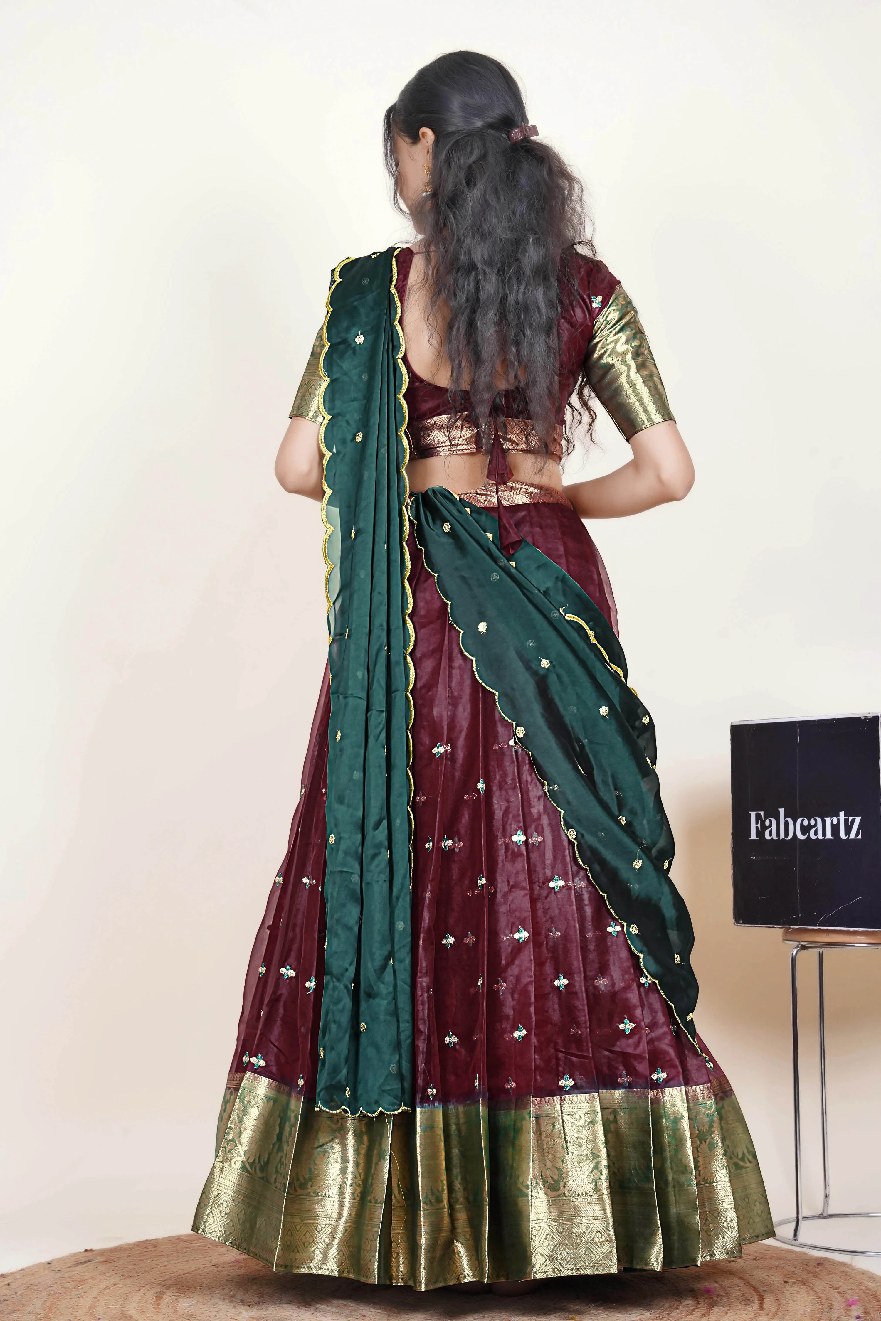 Women's Half Saree Organza with Embroidered work and Rangoli Dupatta OrganzaButti - Image 21