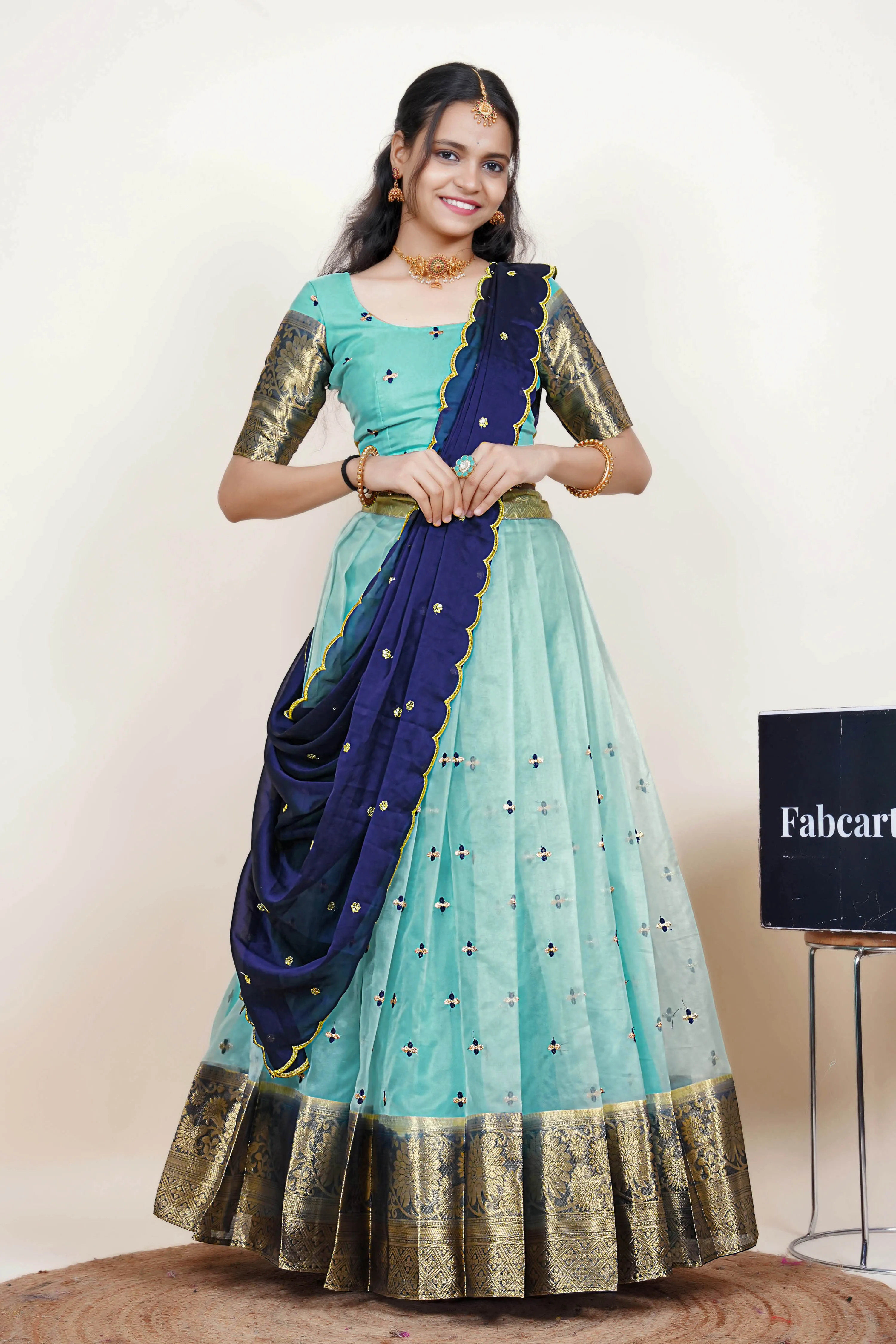 Women's Half Saree Organza with Embroidered work and Rangoli Dupatta OrganzaButti - Image 6