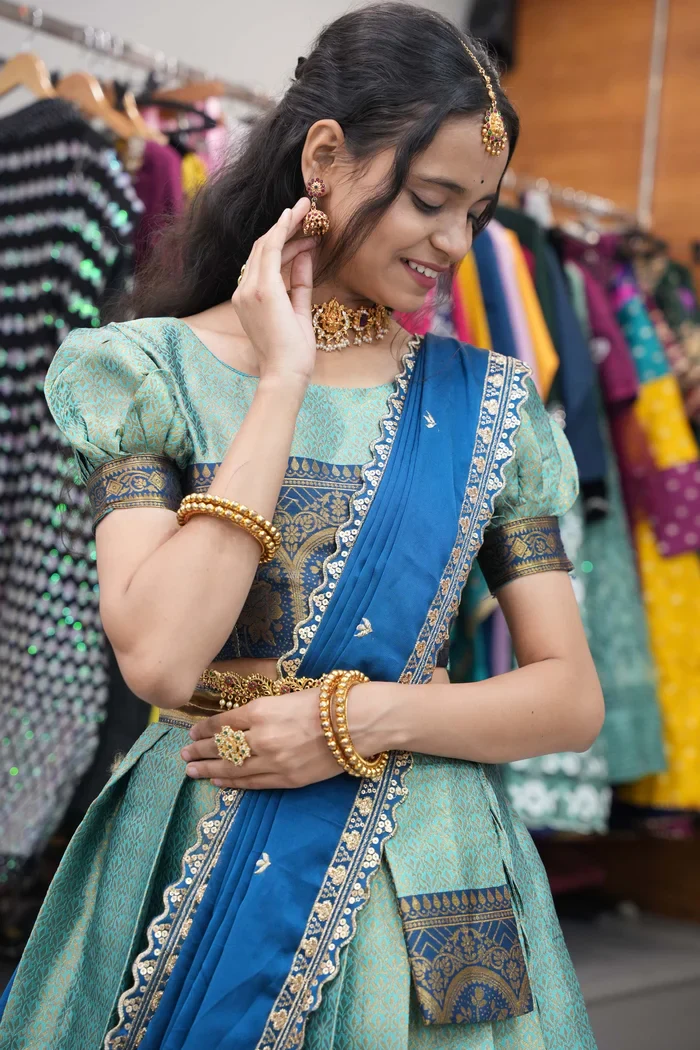 Women's Woven Design zari work Half Saree with Embroidered Blouse and Dupatta Oye!!Pattu - Image 12