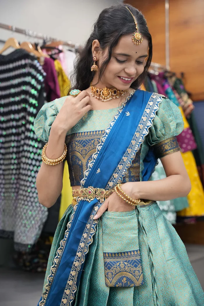 Women's Woven Design zari work Half Saree with Embroidered Blouse and Dupatta Oye!!Pattu - Image 13