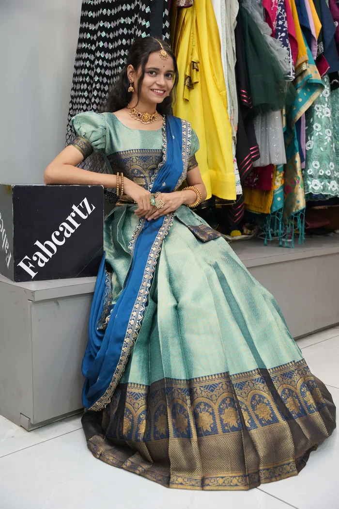 Women's Woven Design zari work Half Saree with Embroidered Blouse and Dupatta Oye!!Pattu - Image 15