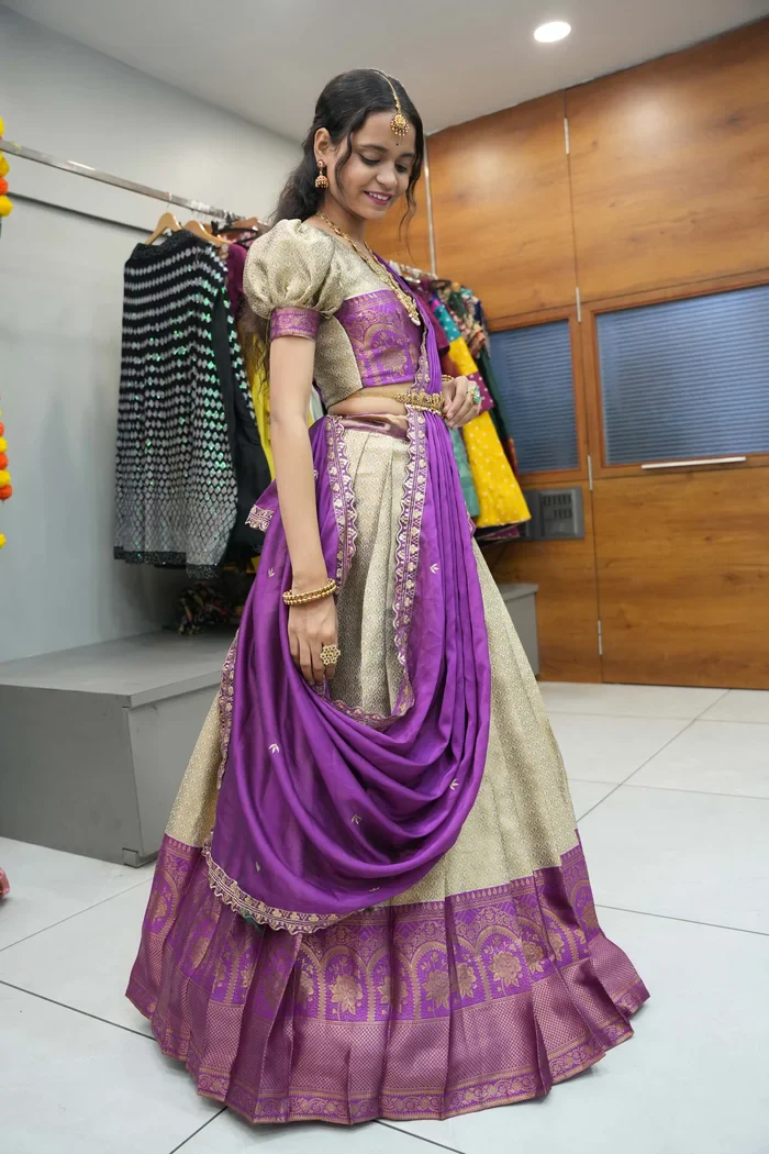 Women's Woven Design zari work Half Saree with Embroidered Blouse and Dupatta Oye!!Pattu - Image 18