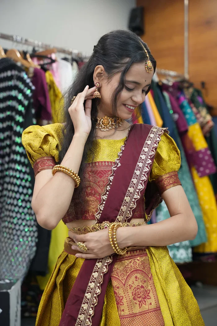 Women's Woven Design zari work Half Saree with Embroidered Blouse and Dupatta Oye!!Pattu - Image 2