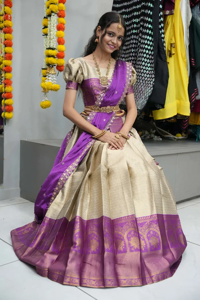 Women's Woven Design zari work Half Saree with Embroidered Blouse and Dupatta Oye!!Pattu - Image 21